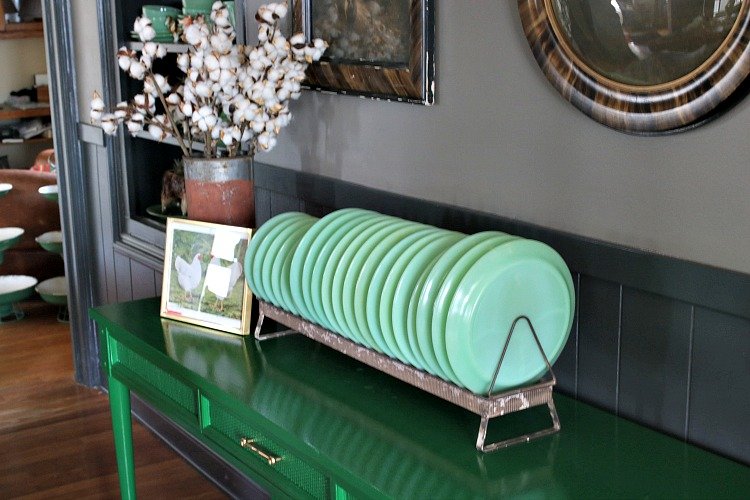 green table highgloss benjamin moore farmhouse style jadeite vintage decor farmhouse decor chicken prints cotton stems