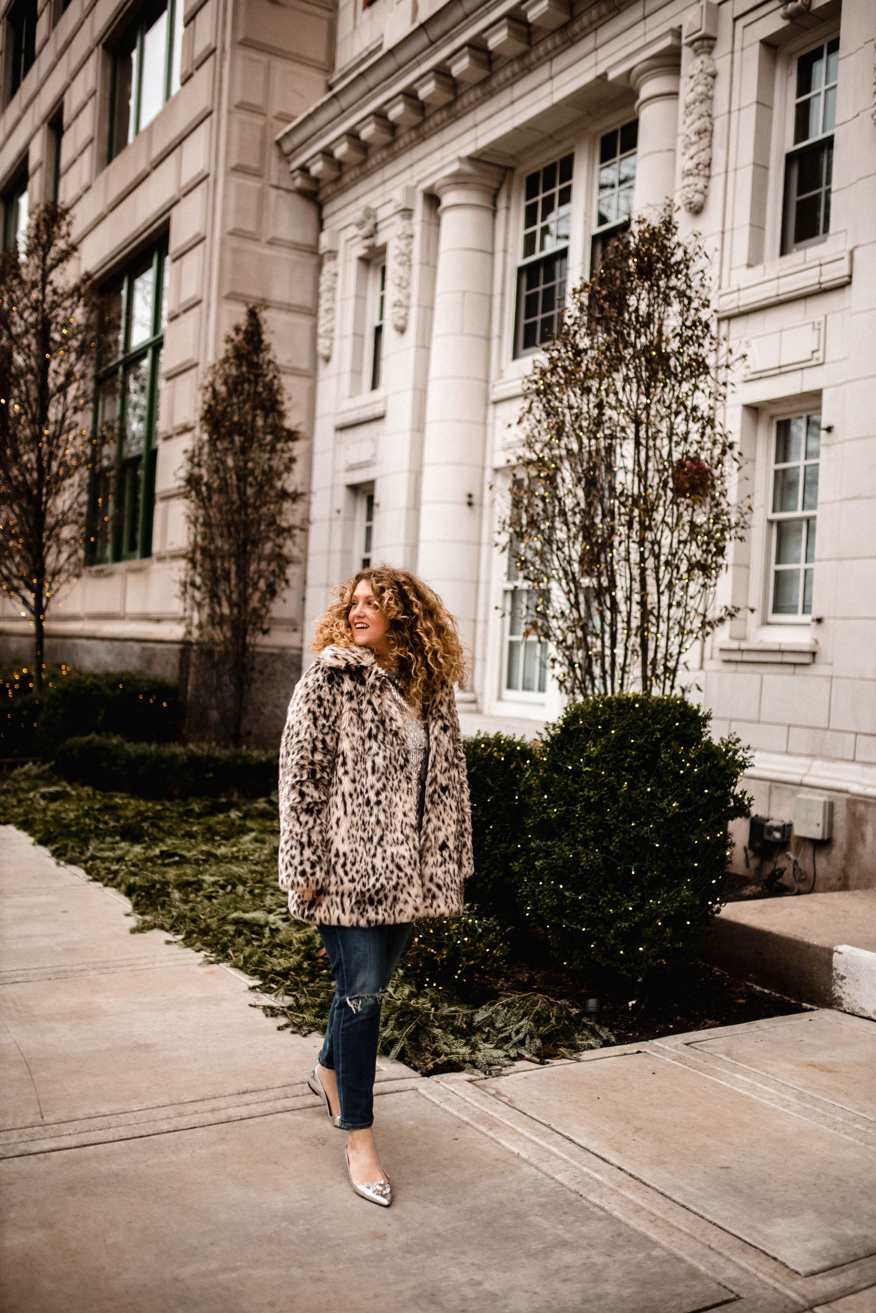 Big City Sequins how to style faux fur with casual denim 