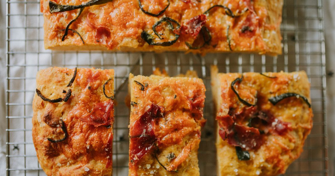Pumpkin Focaccia Bread with Spicy Cheddar Topping