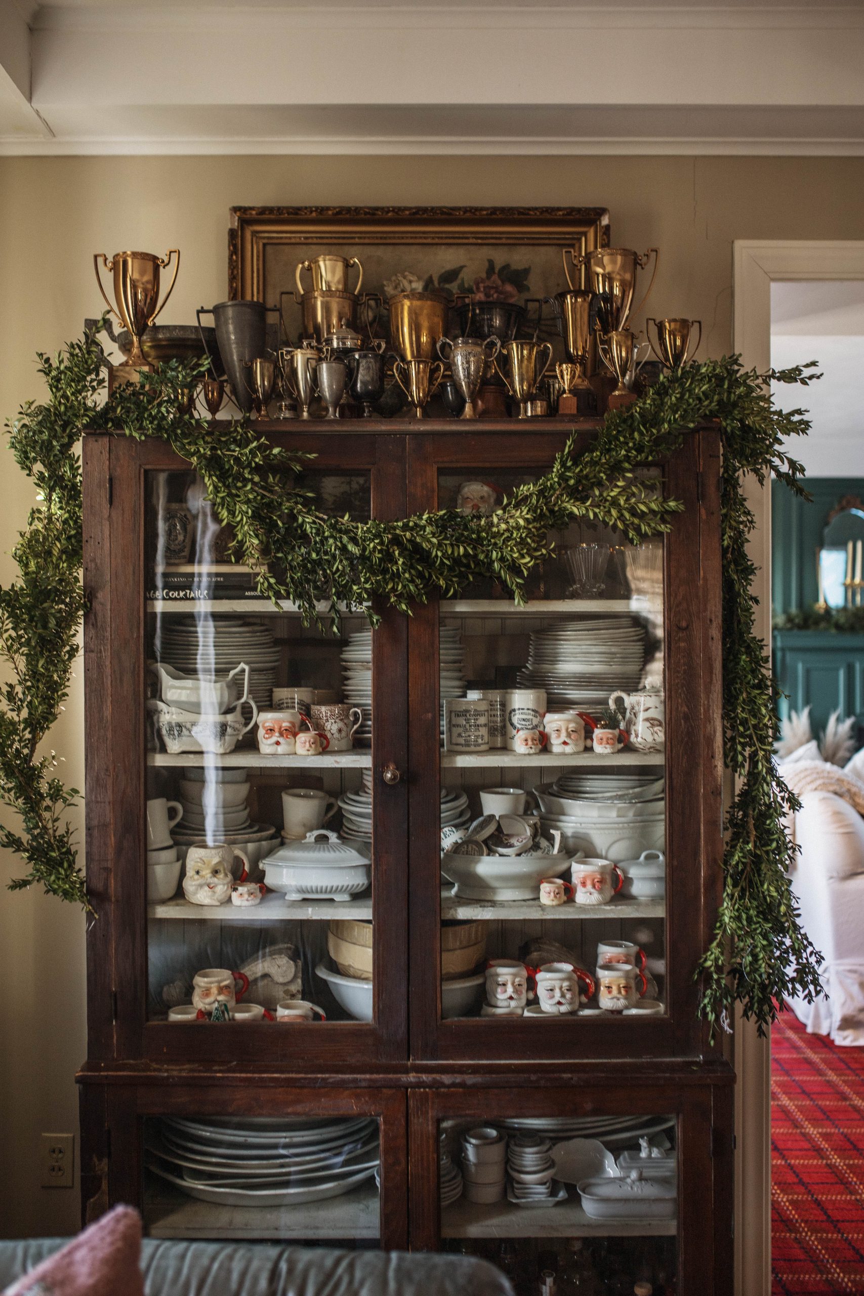 Ironstone Cabinet with santa mugs