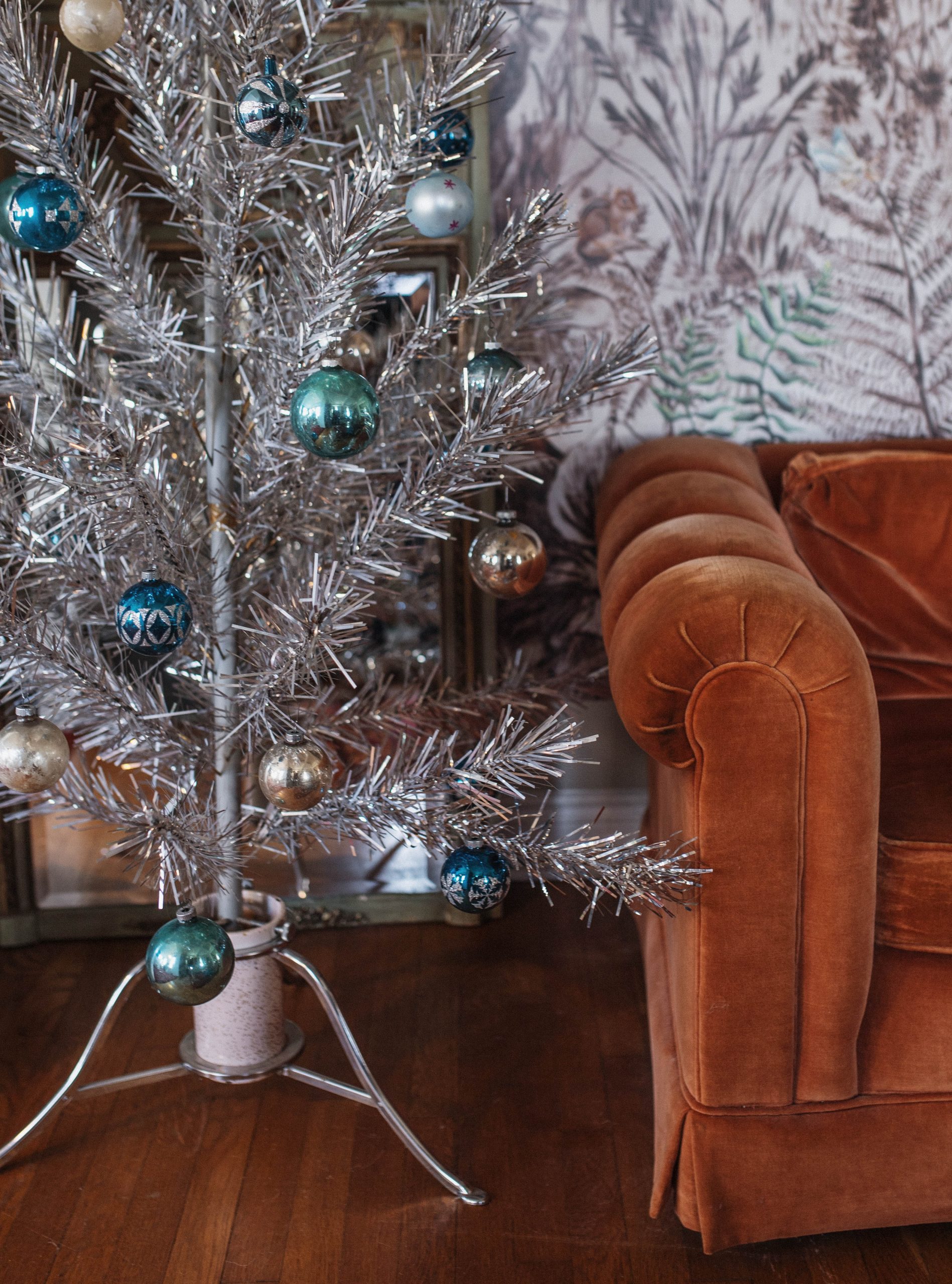 Vintage Aluminum Tree with blue shiny brite ornaments in the parlor farmhouse