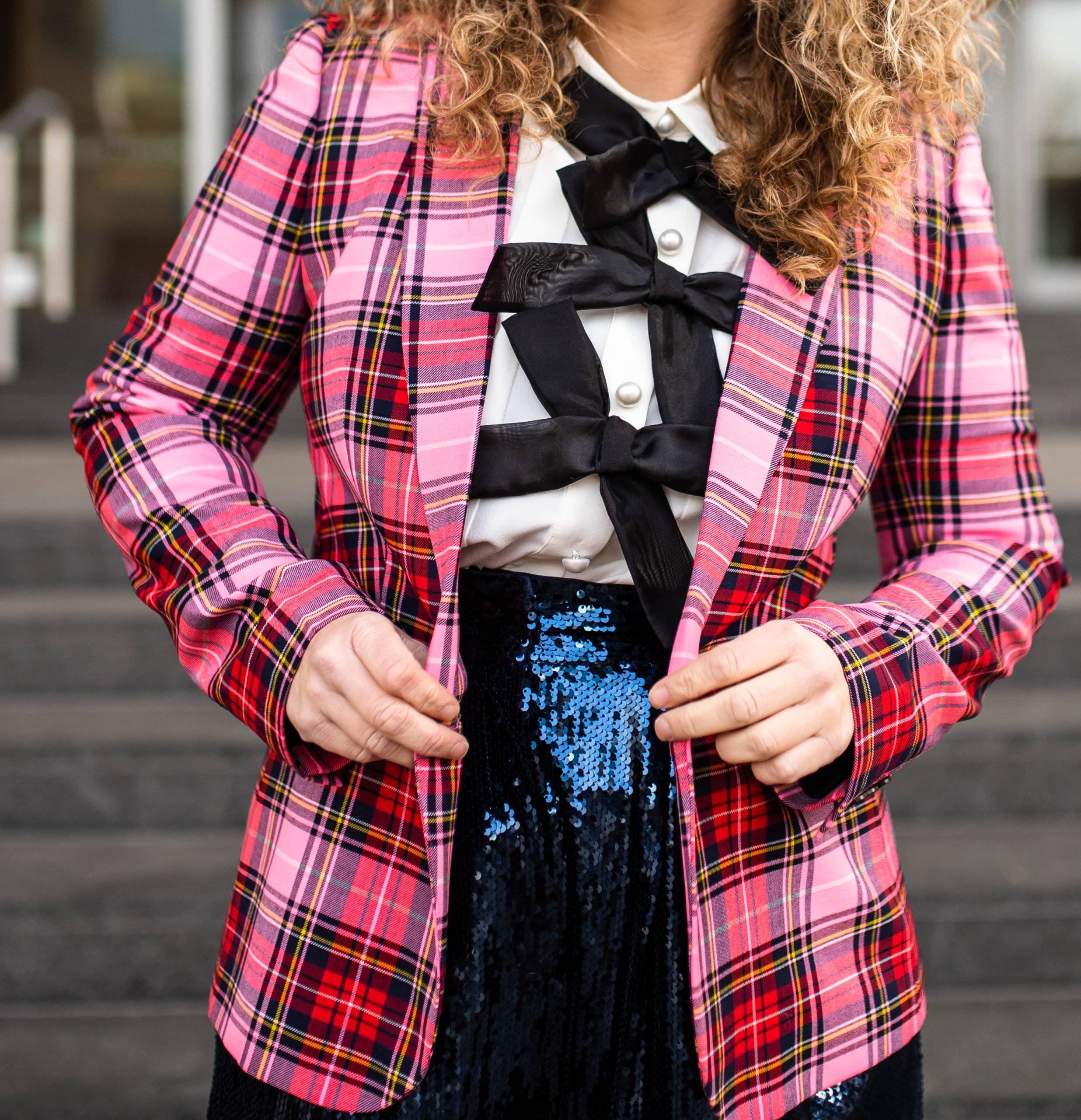 plaid shirt with sequin pants