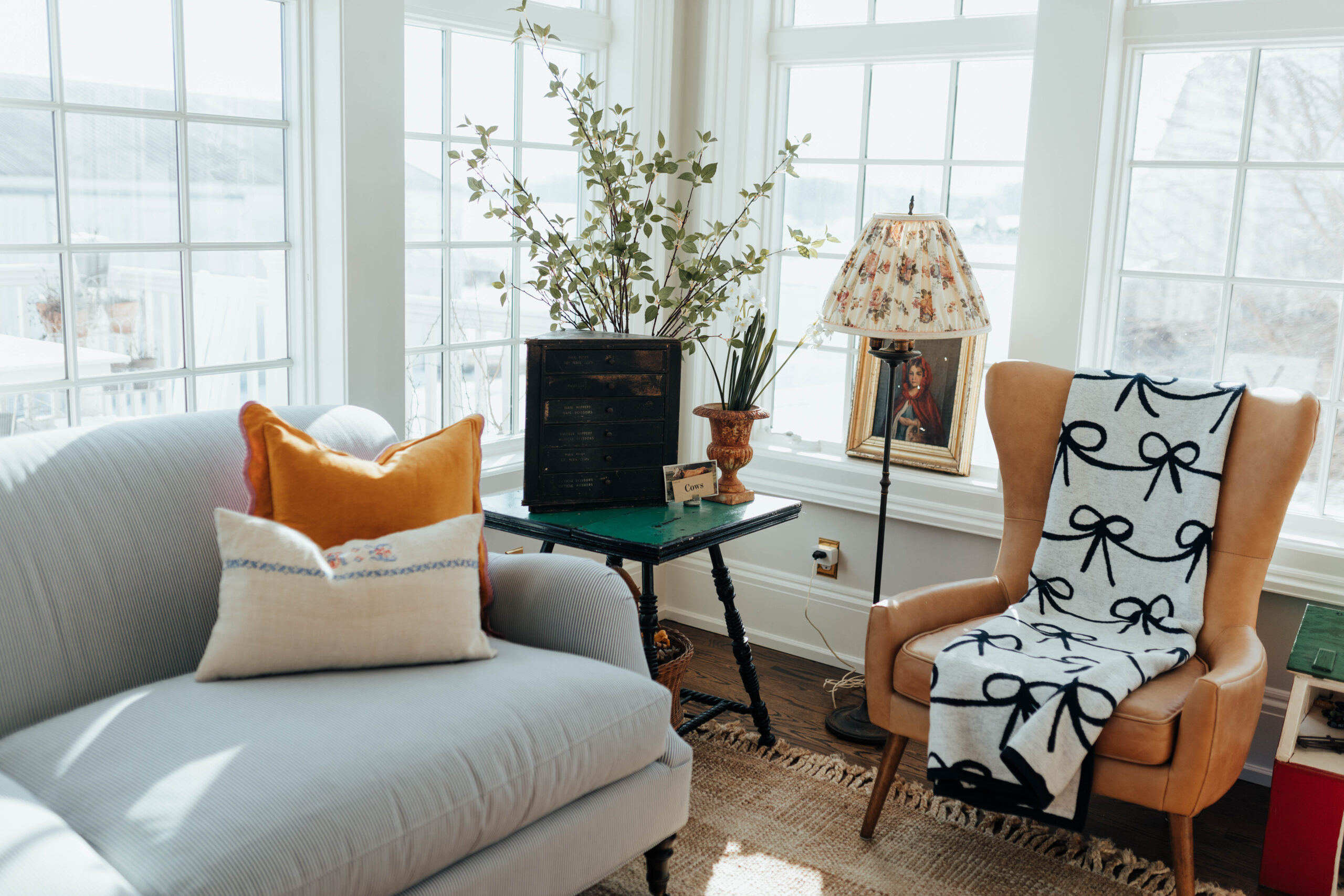 Plaid Jute Rug with blue and white stripe couch