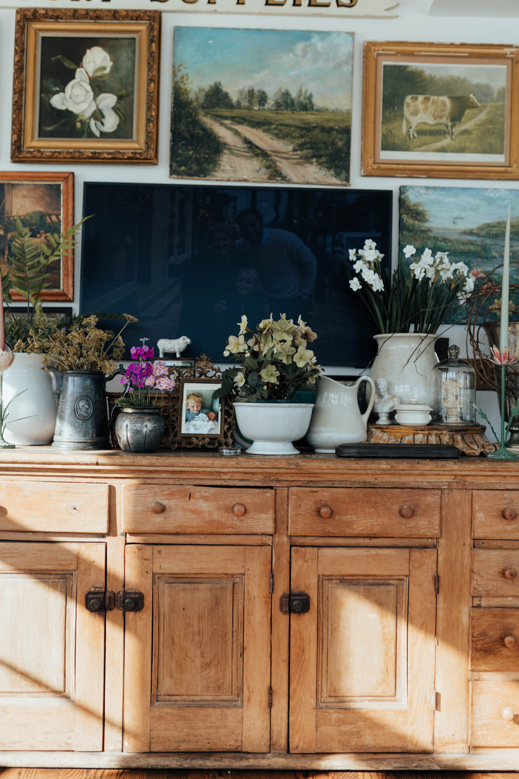 Vintage antique pine island with vintage ironstone pieces