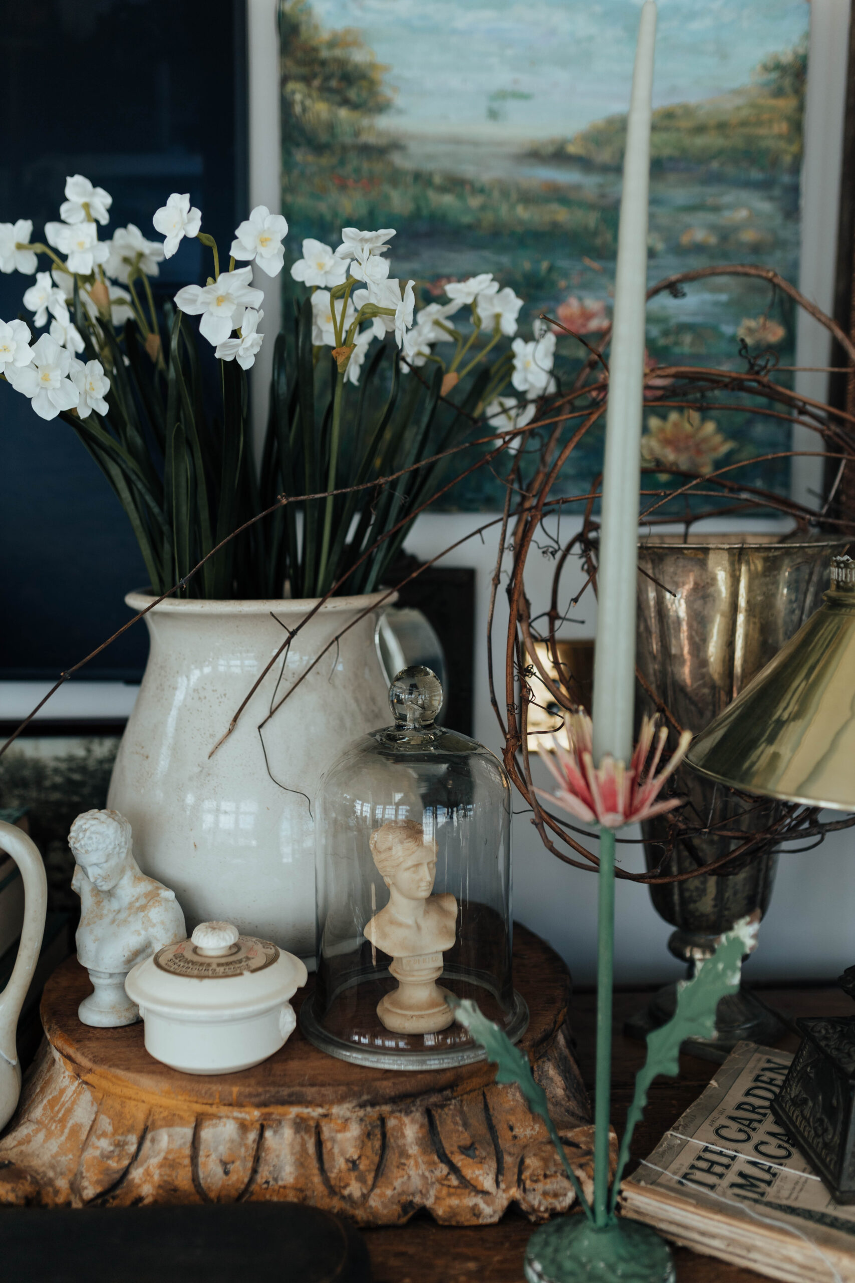 Faux Paperwhite and metal floral candle holders